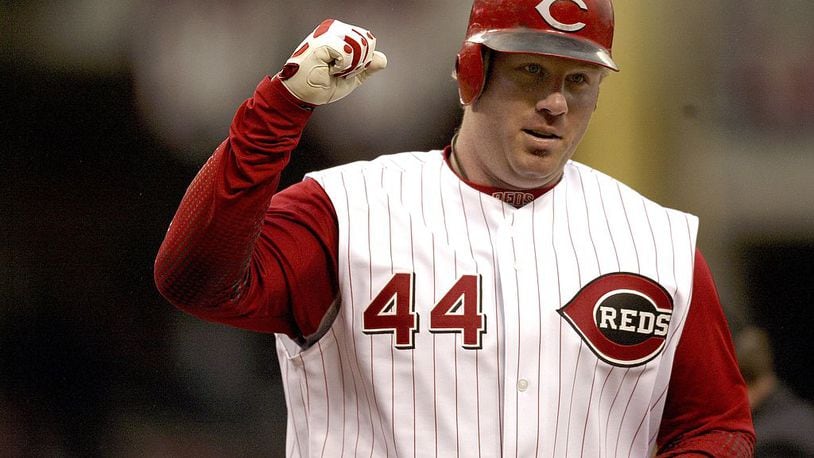 CINCINNATI - APRIL 3: Outfielder Adam Dunn #44 of the Cincinnati Reds celebrates being batted in against the Chicago Cubs on Opening Day at Great American Ball Park on April 3, 2006 in Cincinnati, OH. (Photo by Thomas E. Witte/Getty Images)