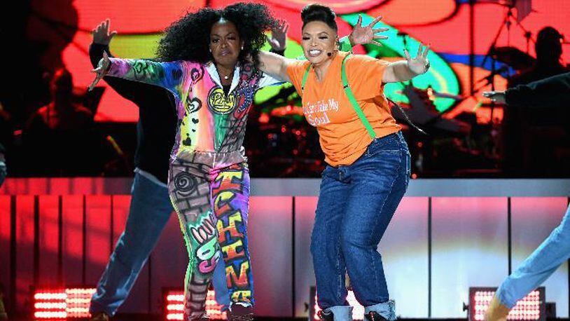 Tichina Arnold (left) and Tisha Campbell perform onstage during the 2018 Soul Train Awards, presented by BET, at the Orleans Arena on Nov. 17, 2018, in Las Vegas.
