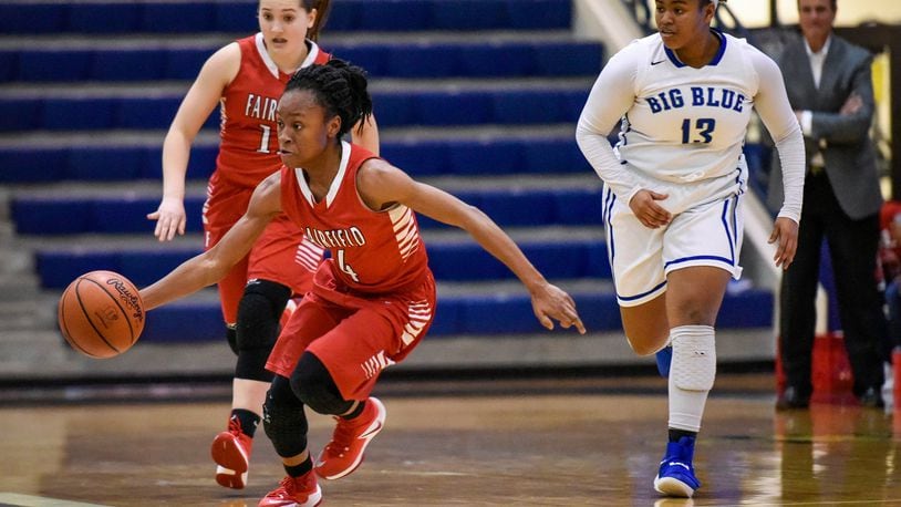 Fairfield’s Zahrya Bailey dribbles up the floor after a turnover during Wednesday night’s game at the Hamilton Athletic Center. Bailey had 17 points in the Indians’ 65-49 win. That’s Big Blue’s Kira Ash (13) trailing the play. NICK GRAHAM/STAFF