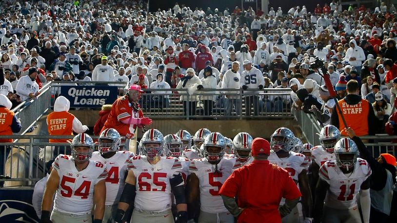 STATE COLLEGE, PA - OCTOBER 22:  The Ohio State Buckeyes wait to take the field during the game against the Penn State Nittany Lions on October 22, 2016 at Beaver Stadium in State College, Pennsylvania.  (Photo by Justin K. Aller/Getty Images)