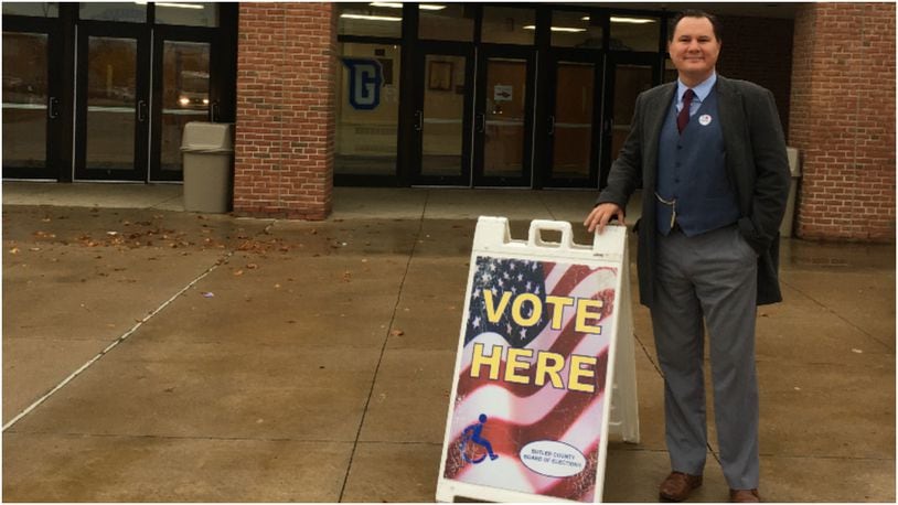Ian MacKenzie-Thurley, executive director of the Fitton Center for Creative Arts in Hamilton, after casting his first vote as a U.S. citizen on Tuesday, Nov. 7. WAYNE BAKER/STAFF