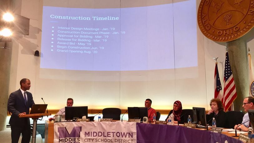 The rejection last month of a $10 million plan of expansion and re-alignment of grades for some Middletown elementary schools has prompted district officials to offer a series of community meetings to gather public and staff input. Pictured is Marlon Styles Jr. (left) - superintendent of Middletown Schools - presenting his plan to the school board. Board members unanimously rejected the plan.