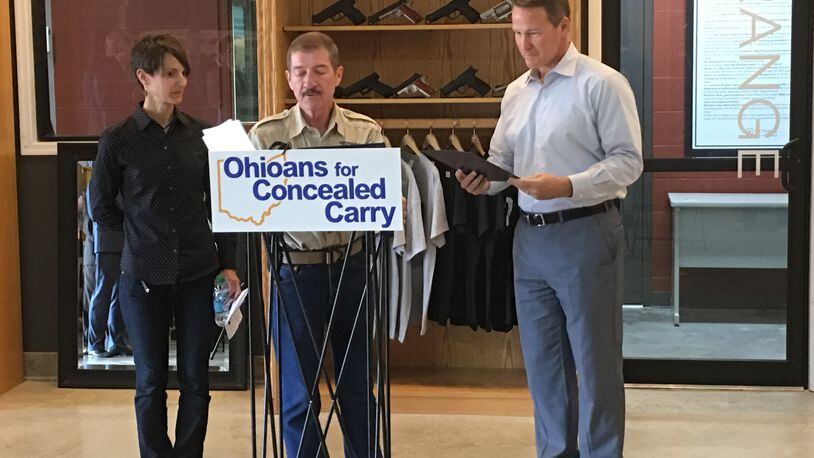 Lebanon Councilwoman Wendy Monroe and, at center, Kim Campbell of Ohioans for Concealed Carry announced the group’s endorsement of Ohio Secretary of State Jon Husted for Ohio governor.