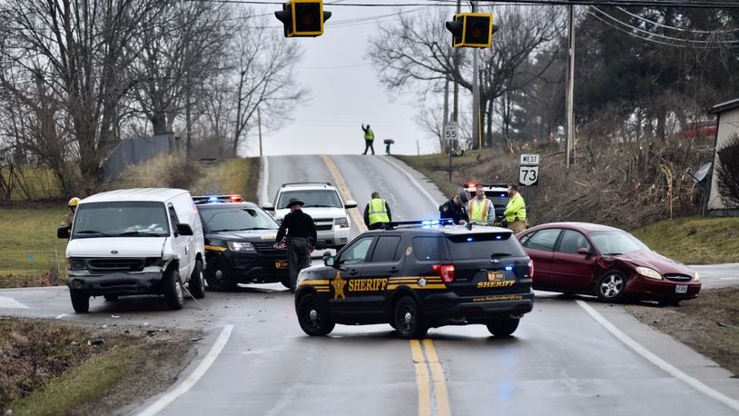 Two vehicles crashed in the intersection of Ohio 73 and Jacksonburg Road on Tuesday, Feb. 18, 2020. NICK GRAHAM / STAFF