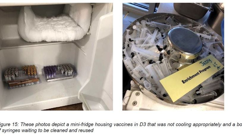 A photo taken inside Montgomery County’s Animal Resource Center during a November assessment shows a mini-fridge not cooling vaccines appropriately and a bowl of syringes waiting to be cleaned and reused, according to Team Shelter USA. SUBMITTED