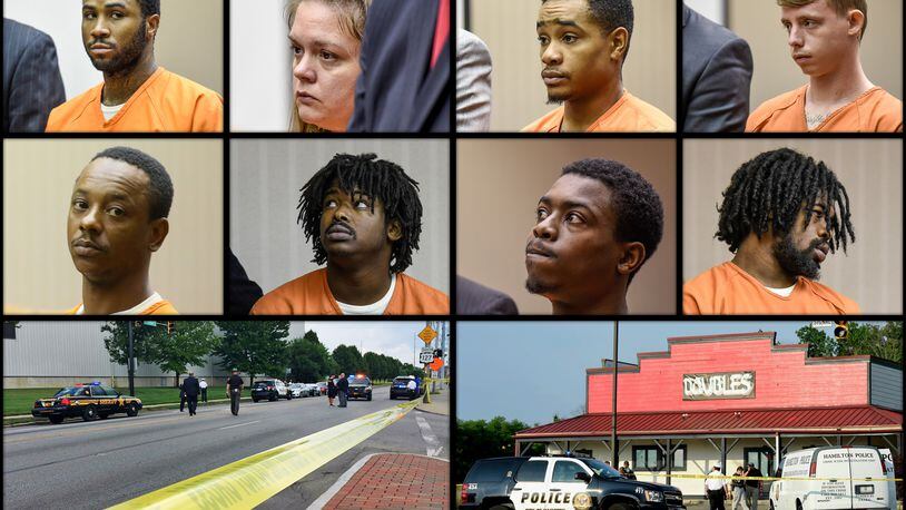 Top row, left to right: Zachary Harris, Melinda Gibby, Michael Grevious and Tony Patete are all facing the death penalty if convicted in connection with the drive-by shooting on Central Avenue on Aug. 3. Second Row, left to right: Cornell McKennelly, Mondale Goens, Rodrick Curtis Jr. and Cory Cook III are all charged in connection with the Doubles Bar shooting.