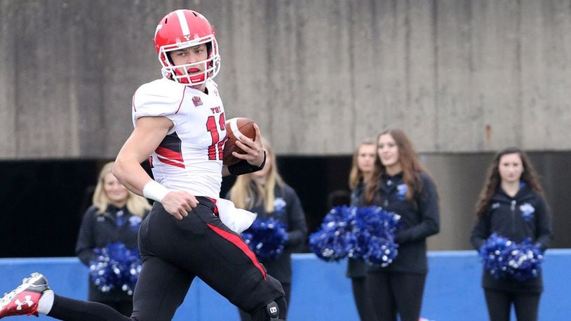 Youngstown State quarterback Ricky Davis runs for a touchdown at Indiana State on Nov. 4, 2017. Davis threw for four TDs and ran for two in the 66-24 win, and he set a single-game school record for offensive yards with 447 (349 passing, 98 rushing). PHOTO BY DR. DARYL MINCEY/YSU ATHLETICS