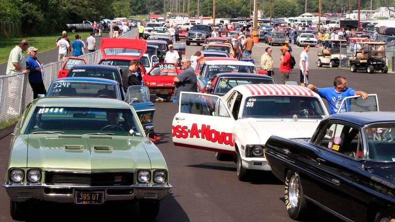 Old-time drag cars wait in the staging lane for their pass at a past Gathering of the Geezers at Kil-Kare Raceway and Drag Strip. File photo by Skip Peterson