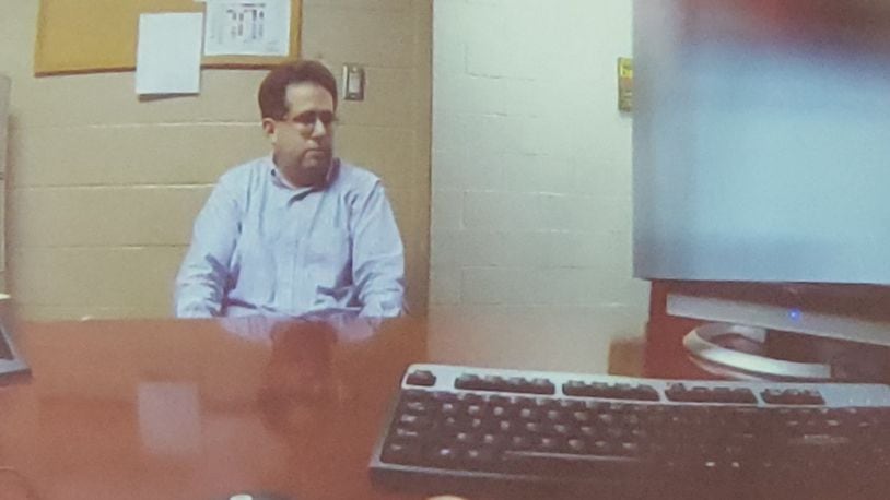Police body cam footage shows Tracey Abraham, a substitute teacher accused of fondling himself in a classroom, being interviewed after the alleged incident. It was shown at a hearing on Wednesday, March 21, 2019. NICK GRAHAM / STAFF
