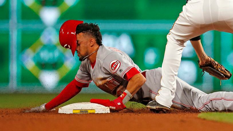 PITTSBURGH, PA - JUNE 15: Billy Hamilton #6 of the Cincinnati Reds steals second base in the ninth inning against Jordy Mercer #10 of the Pittsburgh Pirates at PNC Park on June 15, 2018 in Pittsburgh, Pennsylvania. (Photo by Justin K. Aller/Getty Images)