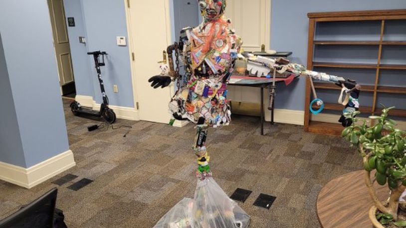 A sculpture by Miami University art student Brian Vogt consists of a year-long collection of litter found throughout Miami University’s campus. Titled “The Student Body,” Vogt says he hopes his creation helps address awareness on the issue of littering. CONTRIBUTED