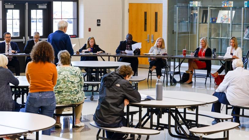 Lakota's governing board holds its first listening session in the cafeteria of Lakota East Freshman School before their regular board meeting Monday, April 3, 2023. NICK GRAHAM/STAFF