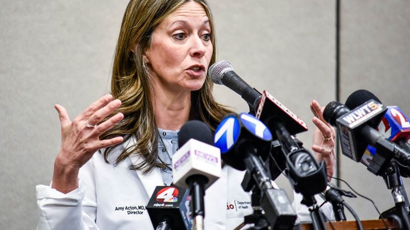 Amy Acton, M.D., then director of health for the Ohio Department of Health, speaks during a press conference held at Miami University in Oxford Tuesday, Jan. 28, 2020 regarding two possible cases of coronavirus in students who recently returned back from China. NICK GRAHAM / STAFF
