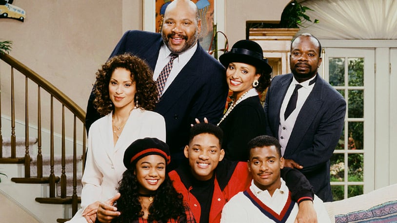 THE FRESH PRINCE OF BEL-AIR -- Season 4 -- Pictured: (l-r) Back: Karyn Parsons as Hilary Banks, James Avery as Philip Banks, Daphne Reid as Vivian Banks, Joseph Marcell as Geoffrey; Front: Tatyana Ali as Ashley Banks, Will Smith as William 'Will' Smith, Alfonso Ribeiro as Carlton Banks  (Photo by Chris Haston/NBC/NBCU Photo Bank via Getty Images)