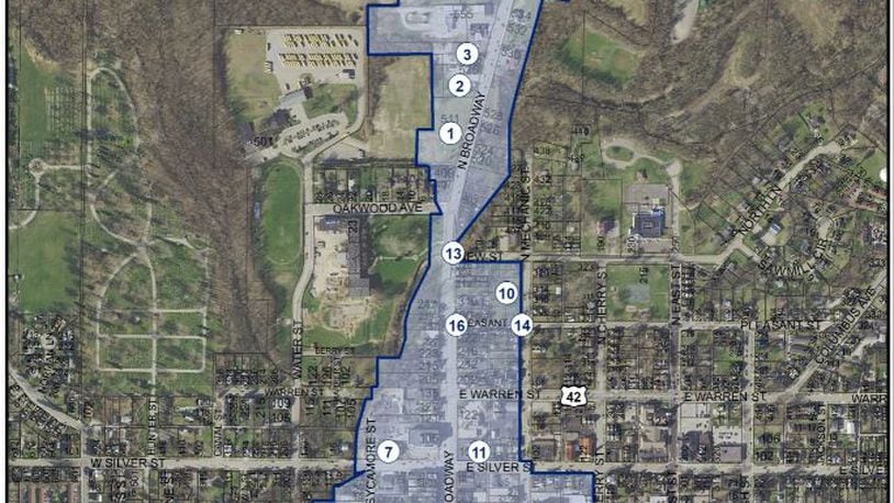 These are the boundaries for a Community Entertainment District that the Ohio Division of Liquor Control recently approved for the city of Lebanon, It will allow additional D-5J liquor permits in the district to help attract new restaurants to the city. Lebanon City Council approved expanding its Designated Outdoor Refreshment Area or DORA to match the new CED boundaries. CONTRIBUTED/CITY OF LEBANON