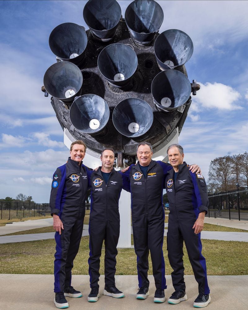 The crew of the Axiom Mission 1, first-ever all civilian flight to the International Space Station. From left, pilot Larry Connor, mission specialist Mark Pathy, commander Michael Lopez-Alegria and mission specailst Eytan Stibbe. Photo by Chris Gunn for Axiom Space 