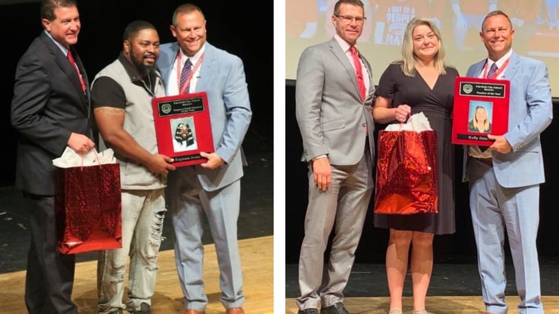 Two members of Fairfield Schools have won the district’s top award for excellence in their jobs. At left, Creekside Middle School Security Team member Raymon Jones receives his award. At the right is Fairfield Freshman School teacher Kelly Dziech (center) being recently presented her award by district leaders. CONTRIBUTED