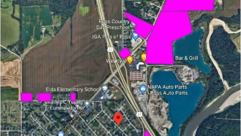 Hamilton has voted to enter a Joint Economic Development District with Ross Township. If hotels are built on he lands in the designated properties, shown in pink, they must have a tax that benefits parking at Spooky Nook Sports Champion Mill. The pink areas, created by the city, may not be exact. PROVIDED