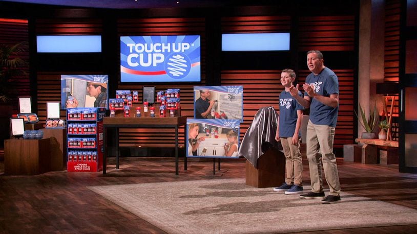 Carson Grill, 15, a freshman at Fenwick High School, and his father, Jason, entered the Tank to pitch Carson’s paint saving invention, The Touch Up Cup. SUBMITTED PHOTO