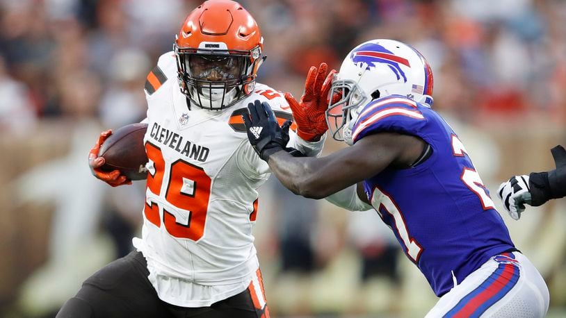 CLEVELAND, OH - AUGUST 17: Duke Johnson Jr. #29 of the Cleveland Browns runs the ball in the first quarter of a preseason game against the Buffalo Bills at FirstEnergy Stadium on August 17, 2018 in Cleveland, Ohio. (Photo by Joe Robbins/Getty Images)