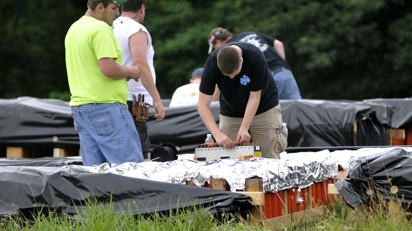 In this 2015 file photo, Rozzi’s Famous Fireworks employees make final adjustments to the explosives for Red, White & Kaboom at Harbin Park in Fairfield. MICHAEL D. PITMAN/STAFF