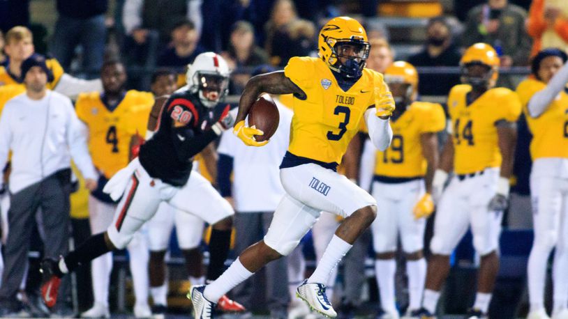 TOLEDO, OH - OCTOBER 31: Diontae Johnson #3 of the Toledo Rockets runs the ball in the game against the Ball State Cardinals on October 31, 2018 in Toledo, Ohio. (Photo by Justin Casterline/Getty Images)