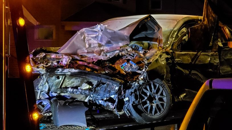 A police pursuit ended in a multiple vehicle crash Thursday night, Nov. 19, 2020 on Progress Avenue in Hamilton. NICK GRAHAM / STAFF