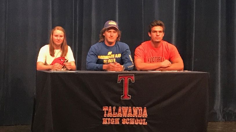 Three Talawanda High School student-athletes announced their collegiate choices during a recent signing ceremony at the school. They are (from left) Zoe Coleman (Miami Hamilton, softball), Luke Croucher (Morehead State, football) and Andrew O’Donnel (Ohio Northern, football). SUBMITTED PHOTO