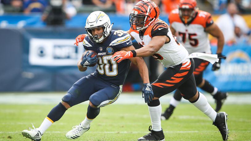 CARSON, CA - DECEMBER 09: Running back Austin Ekeler #30 of the Los Angeles Chargers runs a 7-yard pass play in the first quarter against the Cincinnati Bengals at StubHub Center on December 9, 2018 in Carson, California. (Photo by Sean M. Haffey/Getty Images)