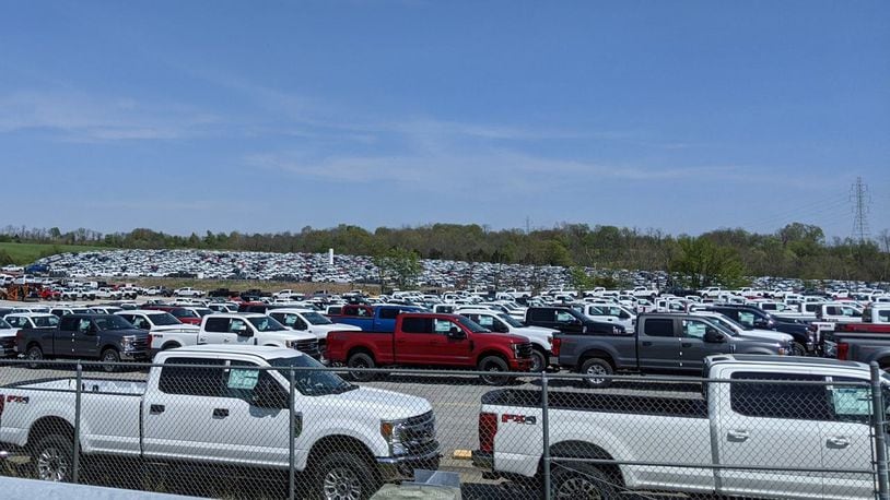 Ford F Series trucks waiting for parts at Kentucky Speedway. Provided by Pat and Mike Roeder to WCPO-TV