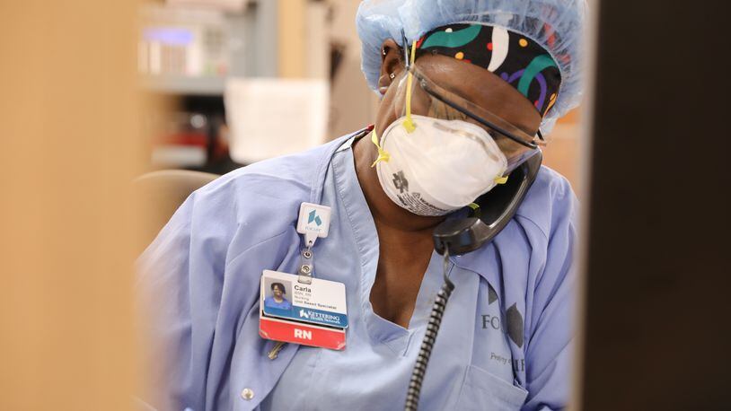 A nurse at work at Kettering Medical Center Monday.
