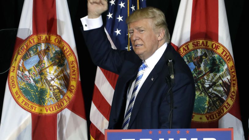 Republican presidential candidate Donald Trump pumps his fist after a campaign speech, Monday, Nov. 7, 2016, in Sarasota, Fla. (AP Photo/Chris O'Meara)