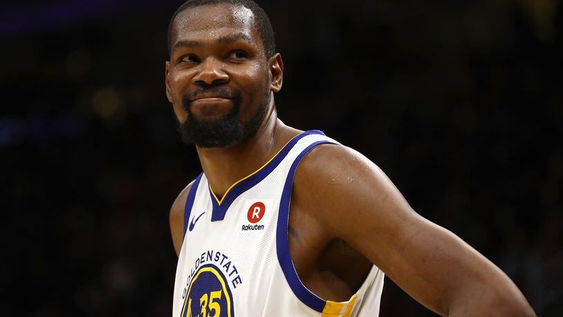 CLEVELAND, OH - JUNE 06:  Kevin Durant #35 of the Golden State Warriors reacts against the Cleveland Cavaliers in the second half during Game Three of the 2018 NBA Finals at Quicken Loans Arena on June 6, 2018 in Cleveland, Ohio. NOTE TO USER: User expressly acknowledges and agrees that, by downloading and or using this photograph, User is consenting to the terms and conditions of the Getty Images License Agreement.  (Photo by Gregory Shamus/Getty Images)