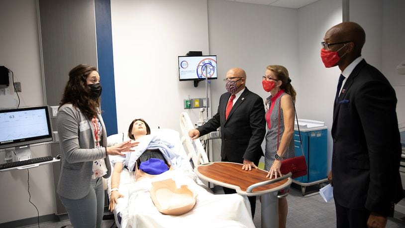 Miami University officials took their first tour Friday of a $10 million renovation of a nurse learning and training facility on the school's Hamilton regional campus. From left to right: Miami Nursing Simulation Coordinator Abby Richardson, Miami President Gregory Crawford, University Ambassador Renate Crawford, and Vice President & Dean of College of Liberal Arts and Applied Science Ande Durojaiye. (Provided Photo\Journal-News)