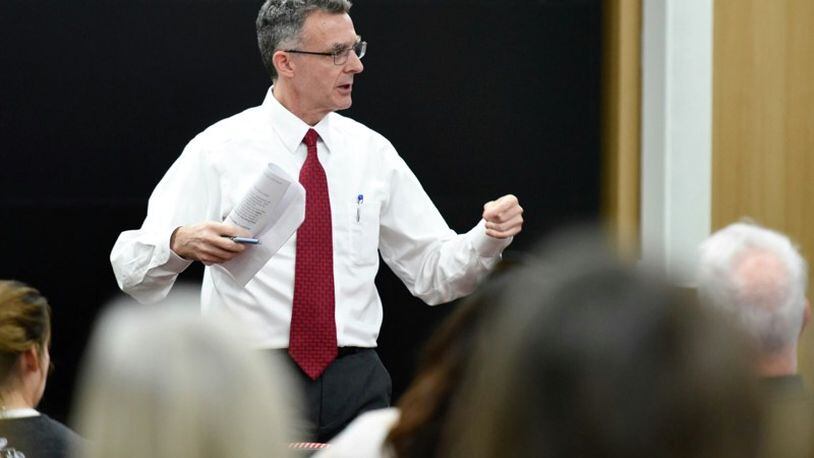 Michael Curme, dean of students at Miami University, led a rare public meeting Friday, Feb. 24, 2017, at the school’s Shriver Center. More than 120 students came to listen and to offer input on how the Butler County school might curb alcohol abuse on and off campus. NICK GRAHAM/STAFF