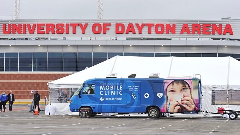 Mobile health clinic set up University of Dayton Arena. People with doctor's order can get tested for coronavirus at UD Arena parking lot in Dayton starting on Tuesday, March 17, 2020.  Premier Health is collaborating with the UD to set up a specimen collection site from 10 a.m. to 6 p.m. daily.   Staff photo: Marshall Gorby
