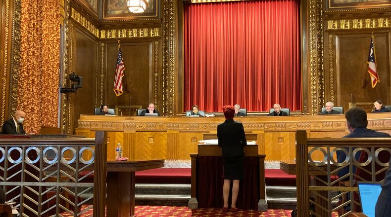 Freda Levenson, ACLU of Ohio legal director, appears before the Ohio Supreme Court in Columbus, Ohio, during oral arguments in a constitutional challenge to new legislative district maps on Wednesday, Dec. 8, 2021. (AP Photo/Julie Carr Smyth)