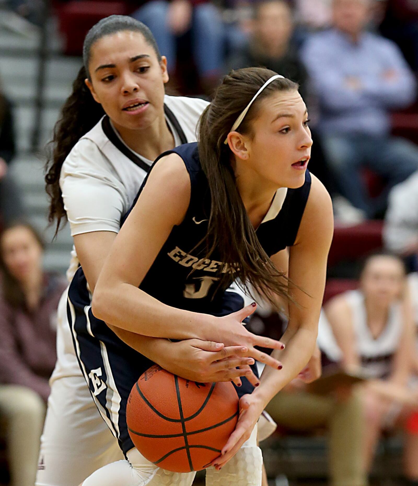 Lebanon guard Alexis Straw tries to get the ball away from Edgewood guard Tori Childers (3) during their game at Lebanon on Monday night. CONTRIBUTED PHOTO BY E.L. HUBBARD