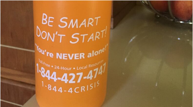 A Butler County father whose son died of a heroin overdose has ordered 6,000 of theses water bottles to give to young athletes in Hamilton, Fairfield and West Chester Twp. Several Butler County elected officials helped him fund the effort. CONTRIBUTED