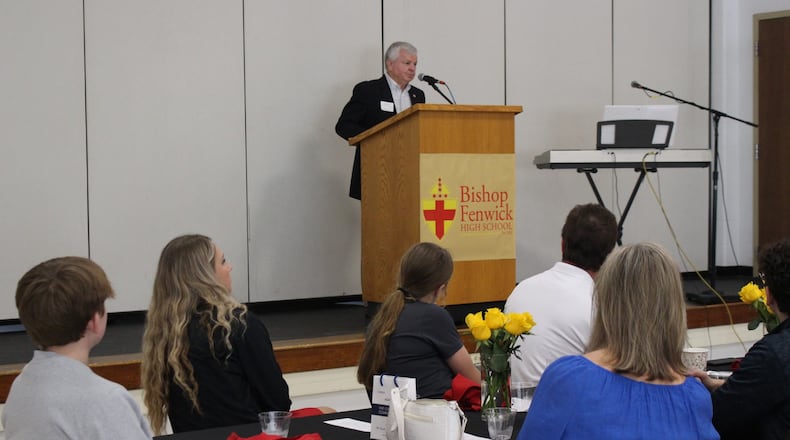 Pete Dobrozsi, a 1963 Fenwick High School graduate addresses students and scholarship donors Wednesday morning during the Scholarship Breakfast. The Dobrozsi family awards two $1,500 scholarships annually to assist students with tuition. All five Dobrozsi children graduated from Fenwick. CONTRIBUTED