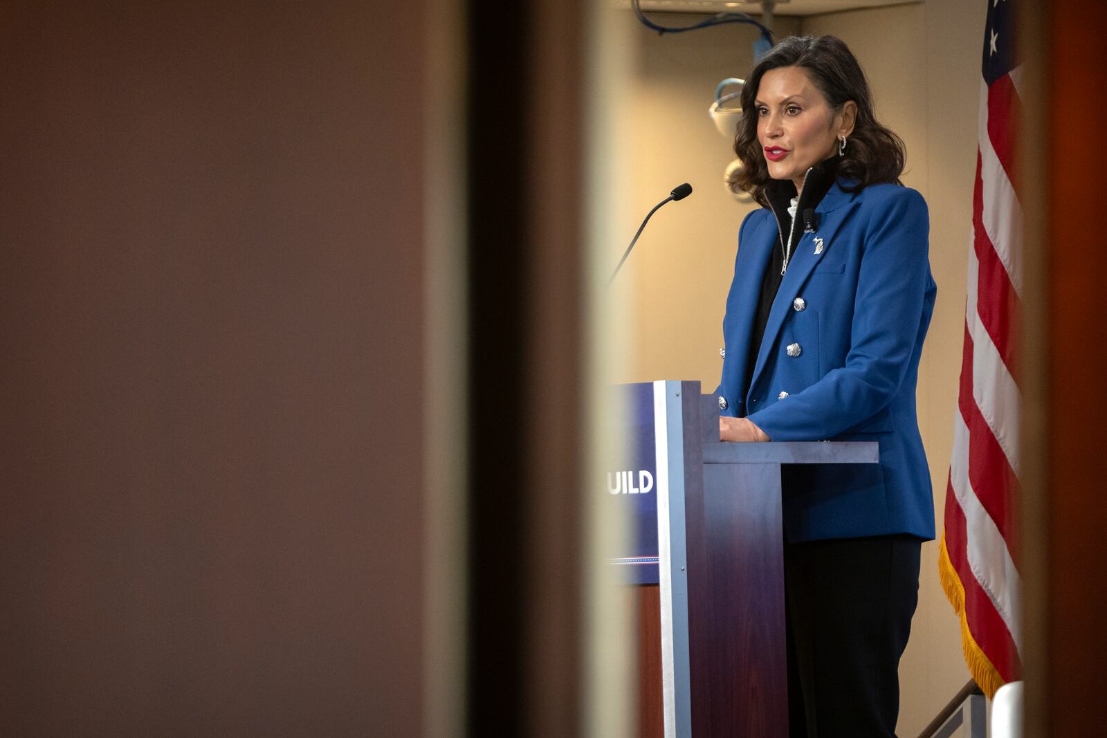 Michigan Gov. Gretchen Whitmer gives a policy speech at an event on Wednesday, April 9, 2025, in Washington. (AP Photo/Mark Schiefelbein)