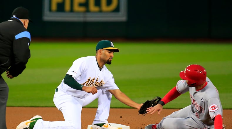 OAKLAND, CALIFORNIA - MAY 08: Marcus Semien #10 of the Oakland Athletics tags out Jose Peraza #9 of the Cincinnati Reds during the fourth inning at Oakland-Alameda County Coliseum on May 08, 2019 in Oakland, California. (Photo by Daniel Shirey/Getty Images)