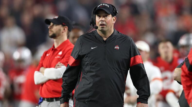 GLENDALE, ARIZONA - DECEMBER 28: Head coach Ryan Day of the Ohio State Buckeyes looks on against the Clemson Tigers in the first half during the College Football Playoff Semifinal at the PlayStation Fiesta Bowl at State Farm Stadium on December 28, 2019 in Glendale, Arizona. (Photo by Christian Petersen/Getty Images)