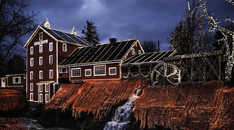 The Legendary Lights at the Historic Clifton Mill drapes their scenic features cliffs, gorges, a covered bridge and more in four million brilliant lights.