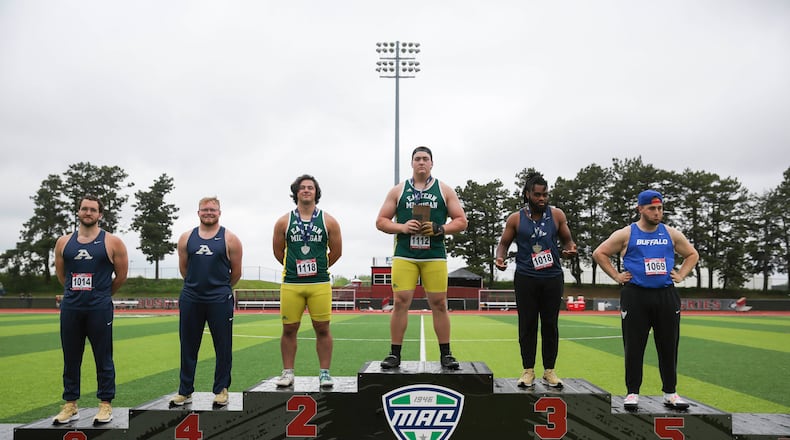 Springboro graduate Ryan Johnson stands atop the podium in May 2024 after winning the hammer throw at the Mid-American Conference championships for Eastern Michigan University. Photo courtesy of EMU
