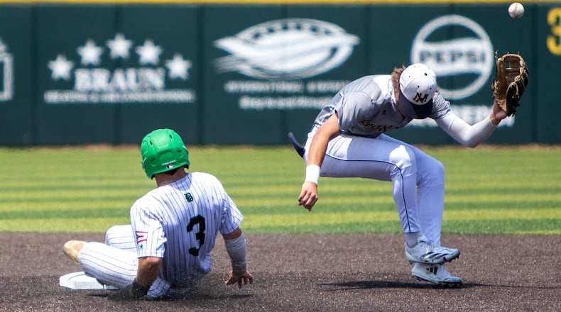 Badin's Kade Bowling steals second base during the Rams' seven-run second inning Tuesday at Miami's Hayden Park. Jeff Gilbert/CONTRIBUTED