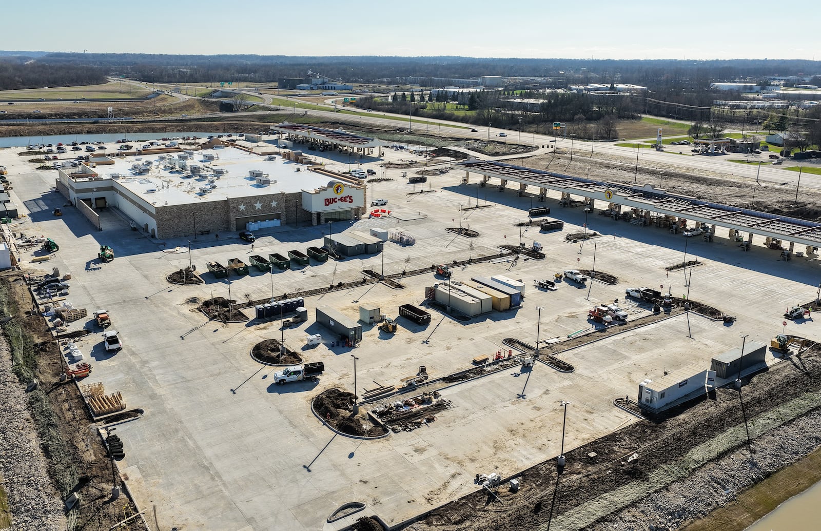 Construction of the Buc-ee's in Huber Heights near the Interstate 70 and Ohio 235 interchange is nearly complete. The location is scheduled to open to the public on April 6. NICK GRAHAM VIA DRONE/STAFF