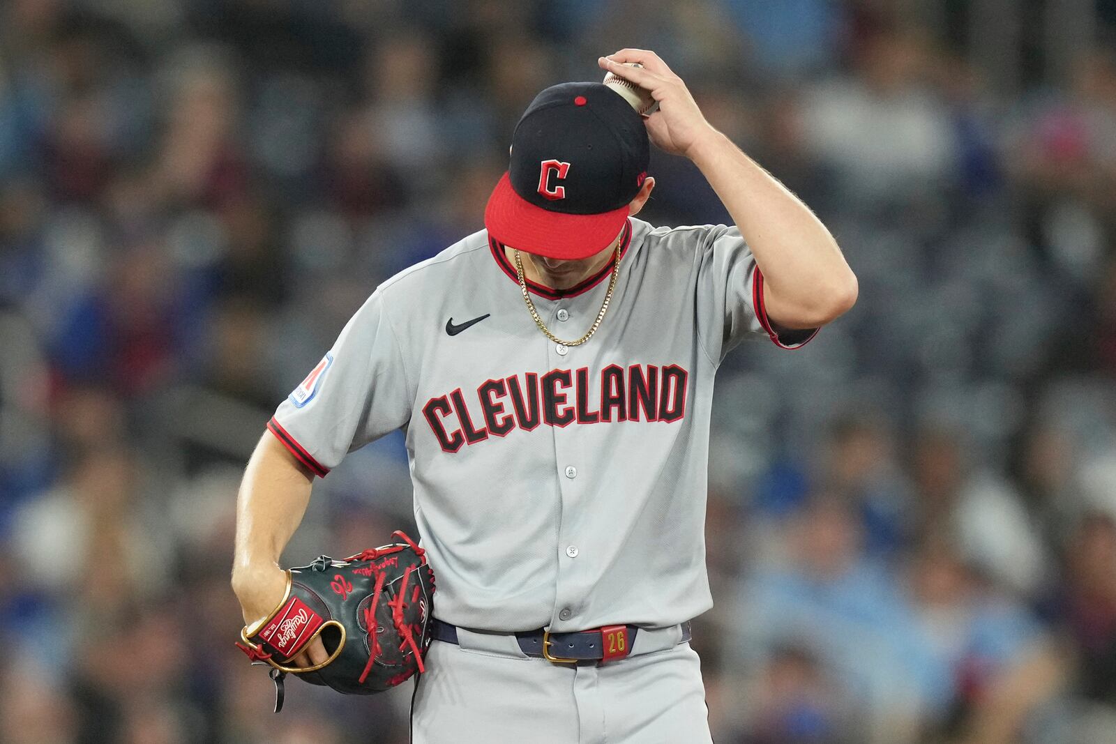 Cleveland Guardians pitcher Logan Allen stands on the mound during the third inning of a baseball game against the Toronto Blue Jays in Toronto on Friday, May 2, 2025. (Chris Young/The Canadian Press via AP)