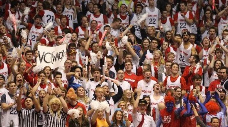 Fans in the student section cheer for Dayton during a game against Virginia Commonwealth on Saturday, March 5, 20126, at UD Arena in Dayton. David Jablonski/Staff