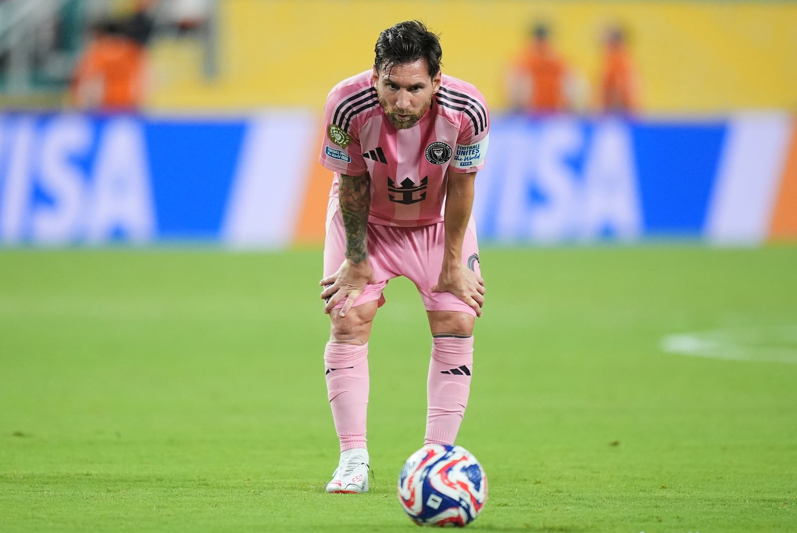Inter Miami's Lionel Messi prepares to take a free kick during the Club World Cup group A soccer match between Al Ahly and Inter Miami in Miami, Fla., Saturday, June 14, 2025. (AP Photo/Rebecca Blackwell)